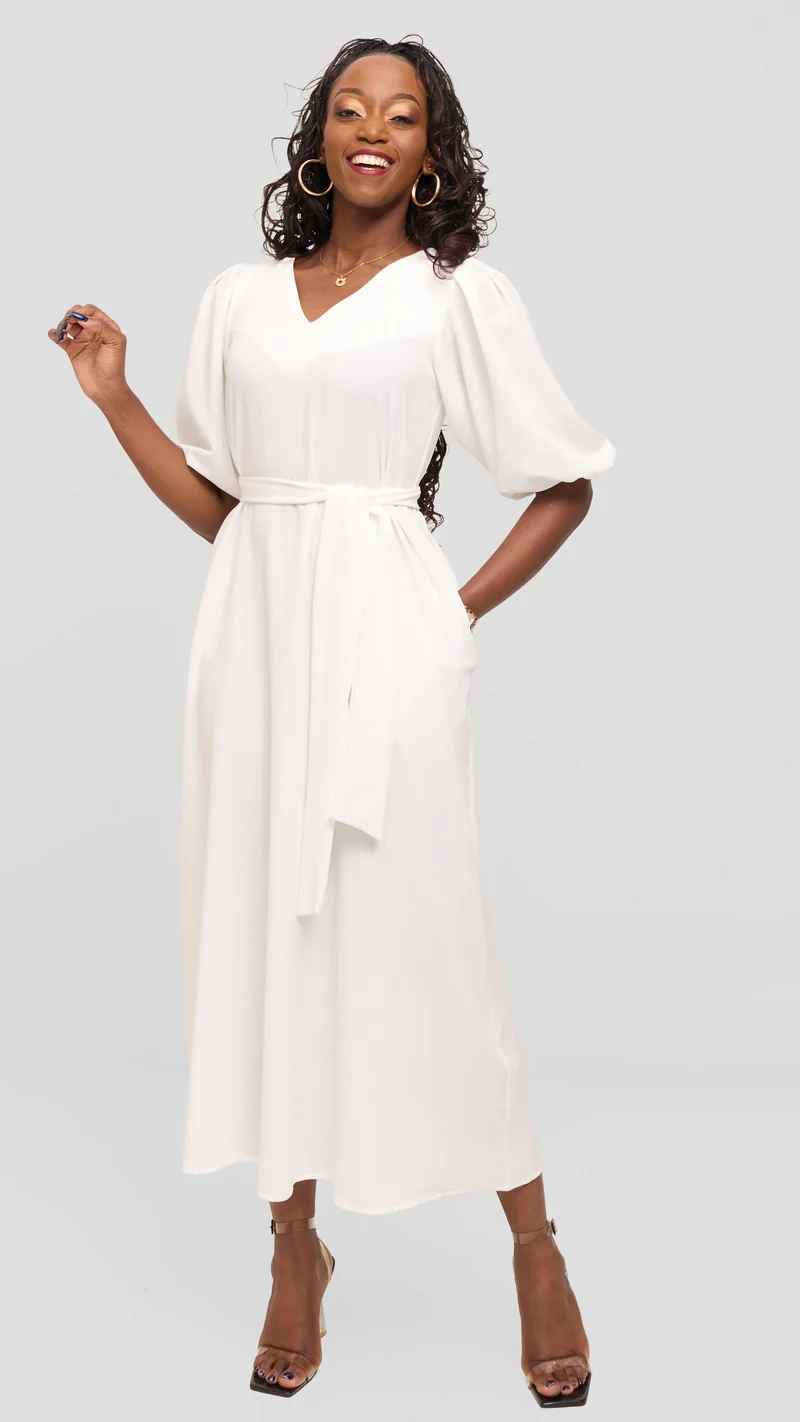 Vivo Bishop Sleeve Maxi Dress in Crepe - White Pinstripes
