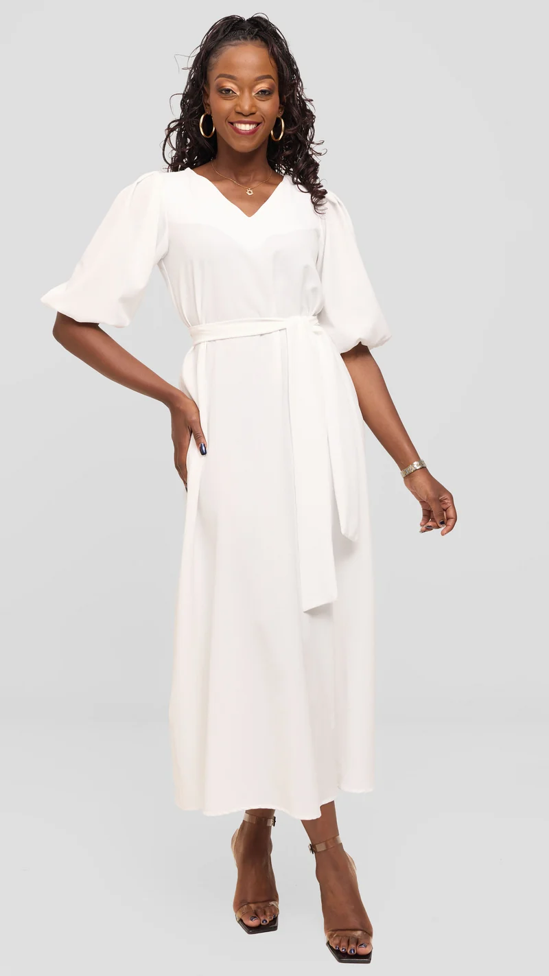 Vivo Bishop Sleeve Maxi Dress in Crepe - White Pinstripes