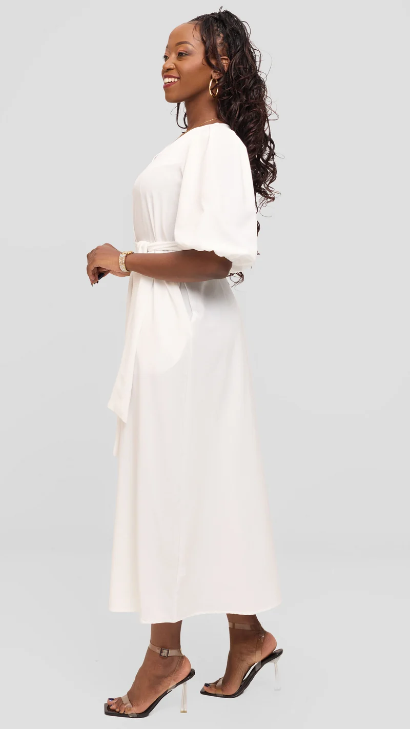 Vivo Bishop Sleeve Maxi Dress in Crepe - White Pinstripes