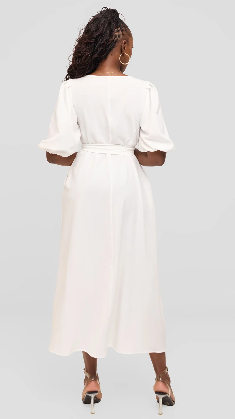 Vivo Bishop Sleeve Maxi Dress in Crepe - White Pinstripes