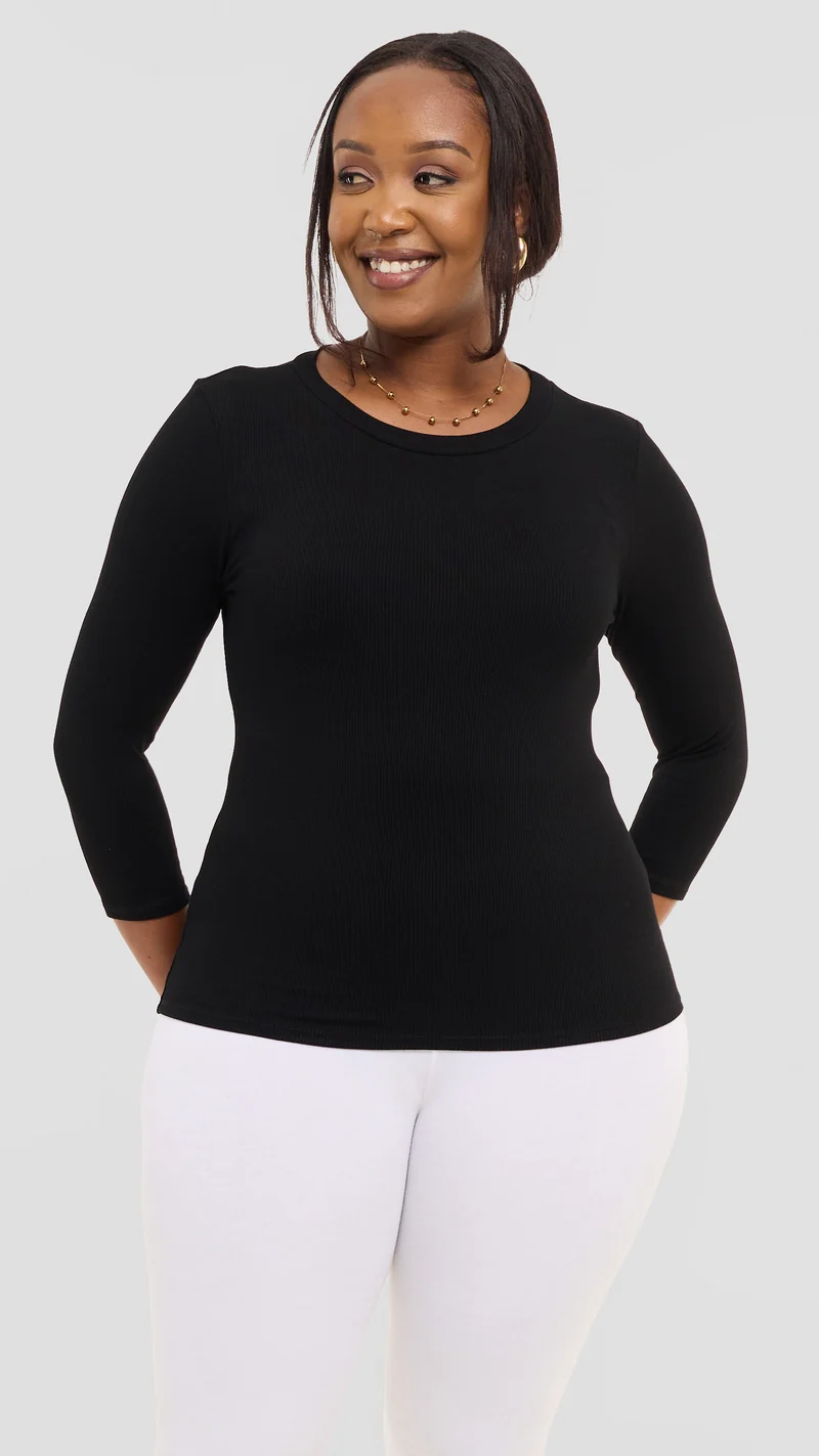 Vivo 3/4 Sleeve Crew Neck Top in Rib - Black
