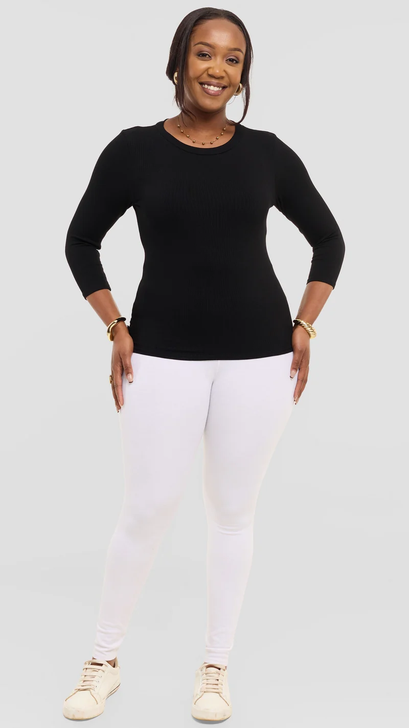 Vivo 3/4 Sleeve Crew Neck Top in Rib - Black