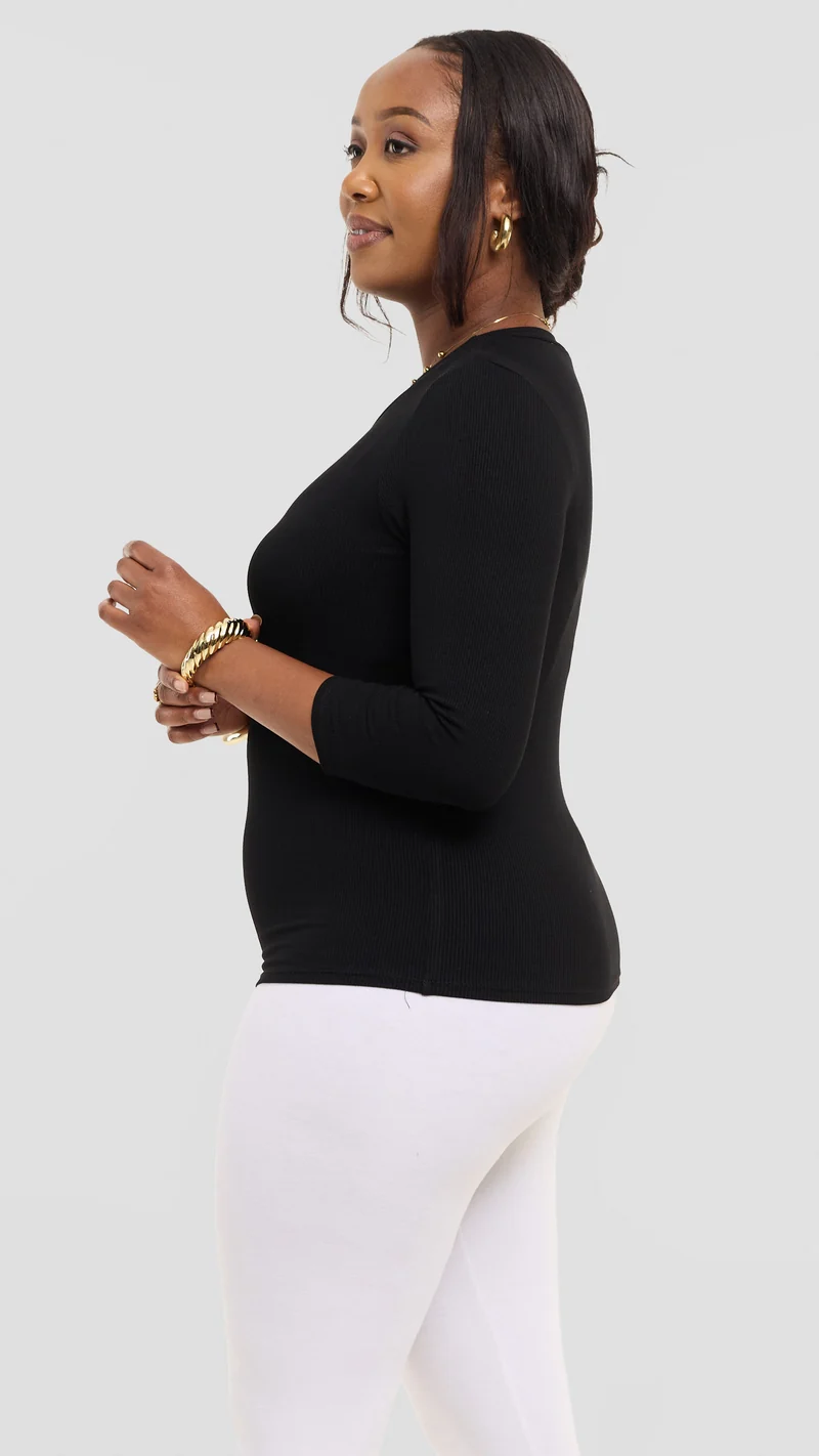 Vivo 3/4 Sleeve Crew Neck Top in Rib - Black