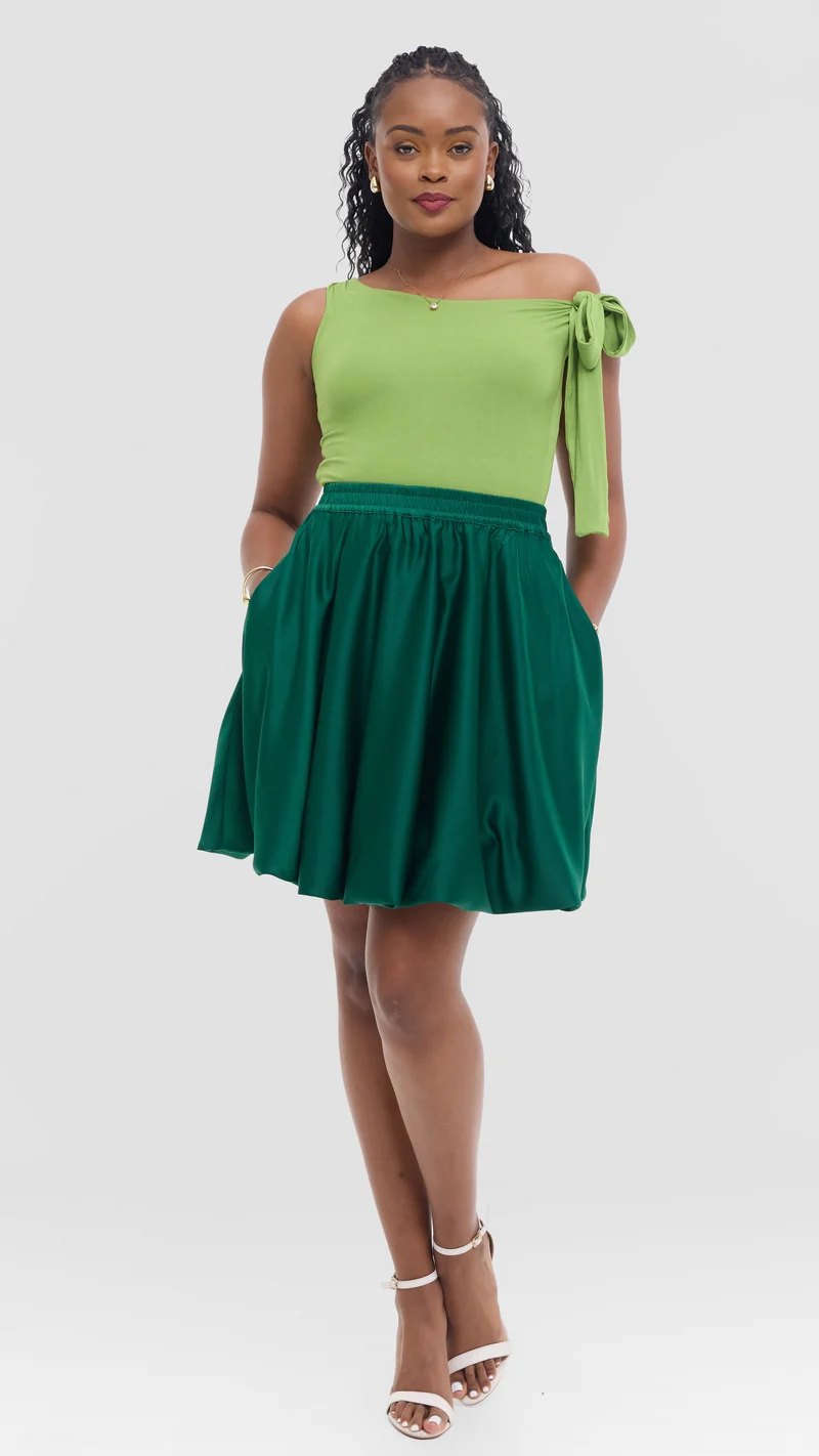 Vivo Studio Mini Bubble Skirt in Satin - Dark Green