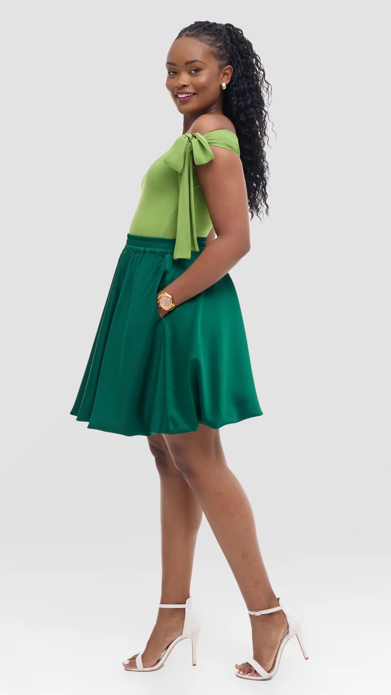 Vivo Studio Mini Bubble Skirt in Satin - Dark Green