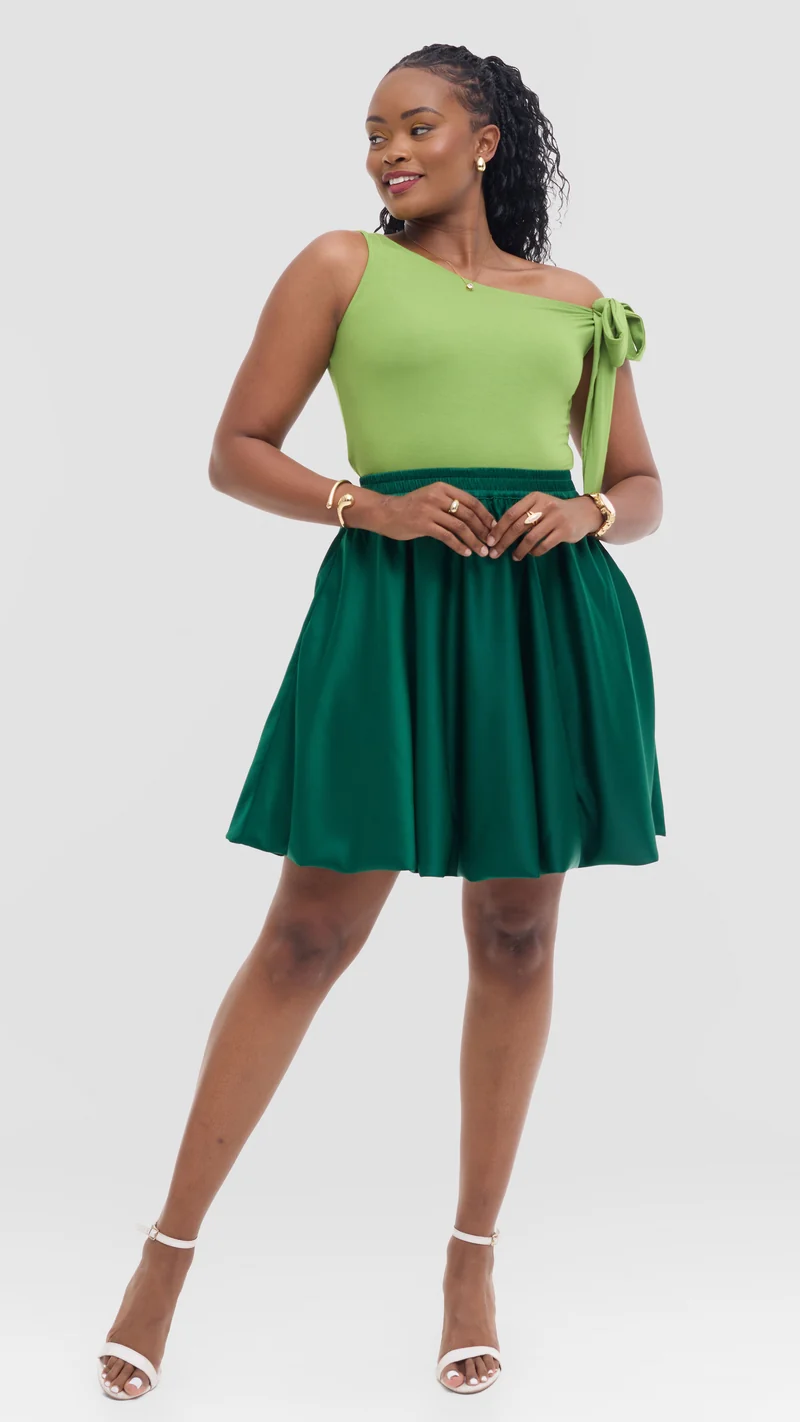 Vivo Studio Mini Bubble Skirt in Satin - Dark Green