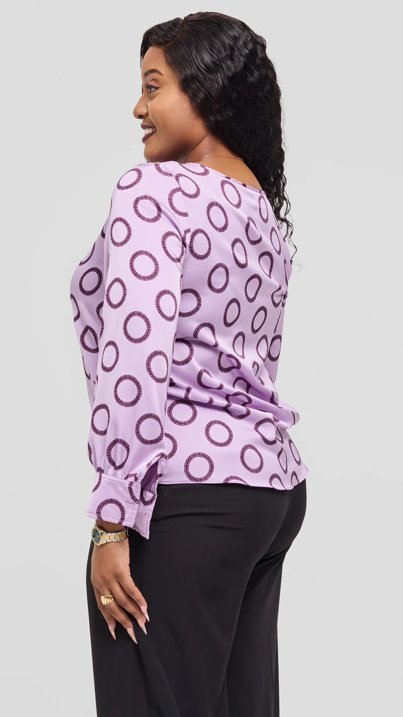 Vivo Tatili Bishop Long Sleeve Top in Satin - Lilac / Maroon Garini Print