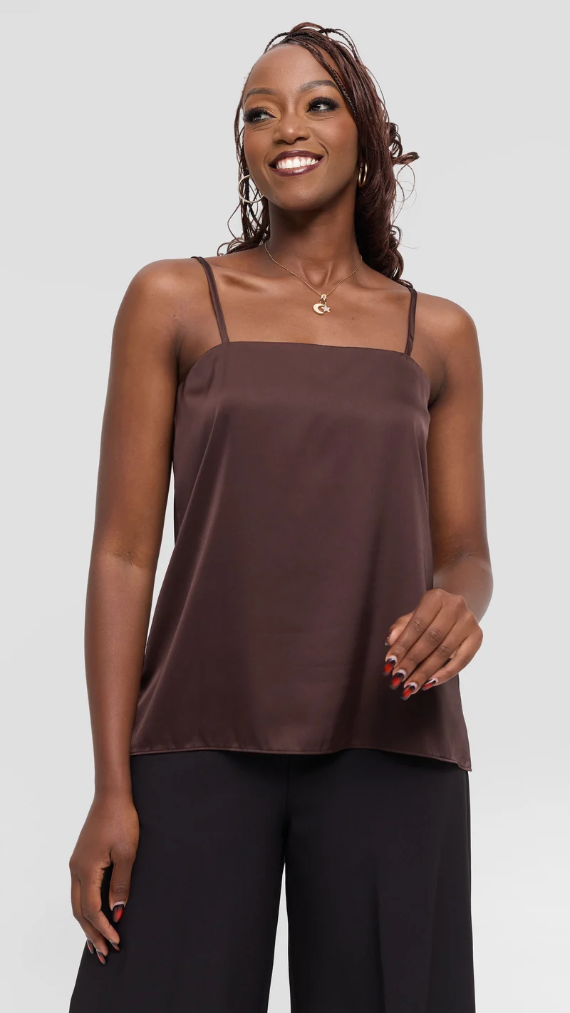 Vivo Square Neck Camisole in Satin - Chocolate