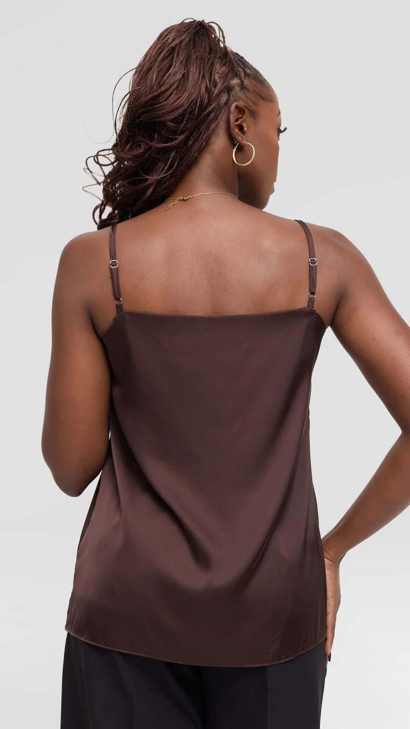 Vivo Square Neck Camisole in Satin - Chocolate