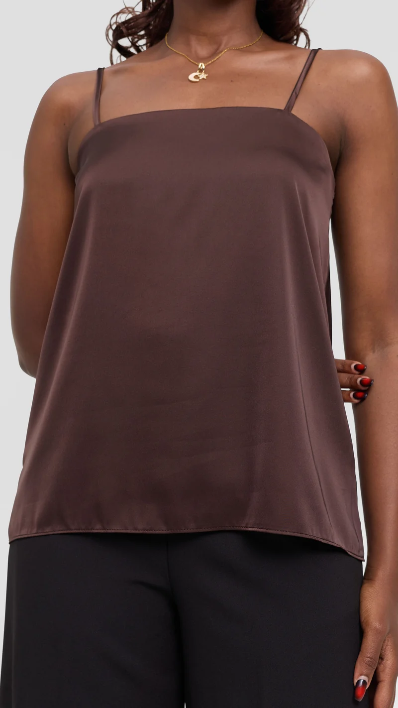 Vivo Square Neck Camisole in Satin - Chocolate