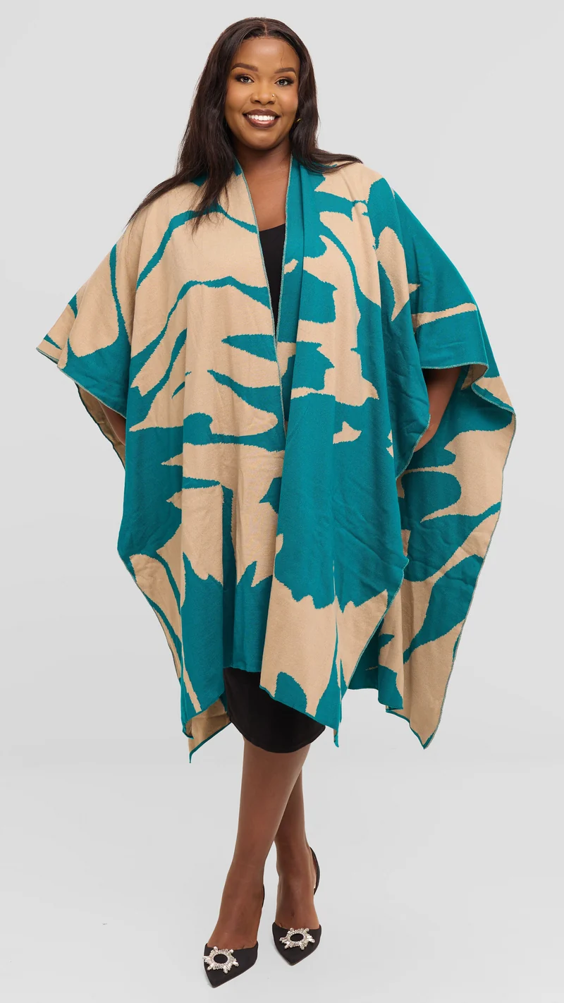 Vivo Reversible Poncho without Fringes - Teal / Taupe Pepeo Print