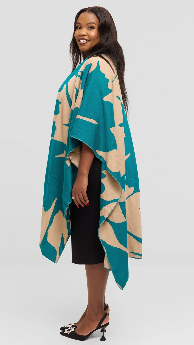 Vivo Reversible Poncho without Fringes - Teal / Taupe Pepeo Print