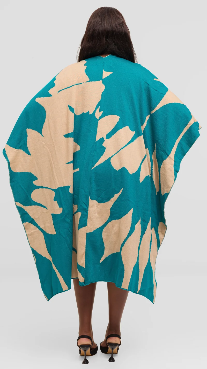 Vivo Reversible Poncho without Fringes - Teal / Taupe Pepeo Print