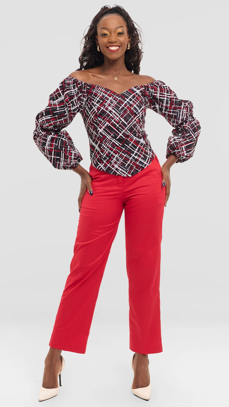 The Ruby Lattice Off-Shoulder Set - Red / Black Print