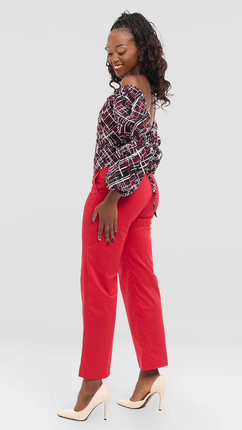 The Ruby Lattice Off-Shoulder Set - Red / Black Print