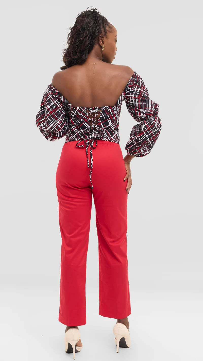 The Ruby Lattice Off-Shoulder Set - Red / Black Print