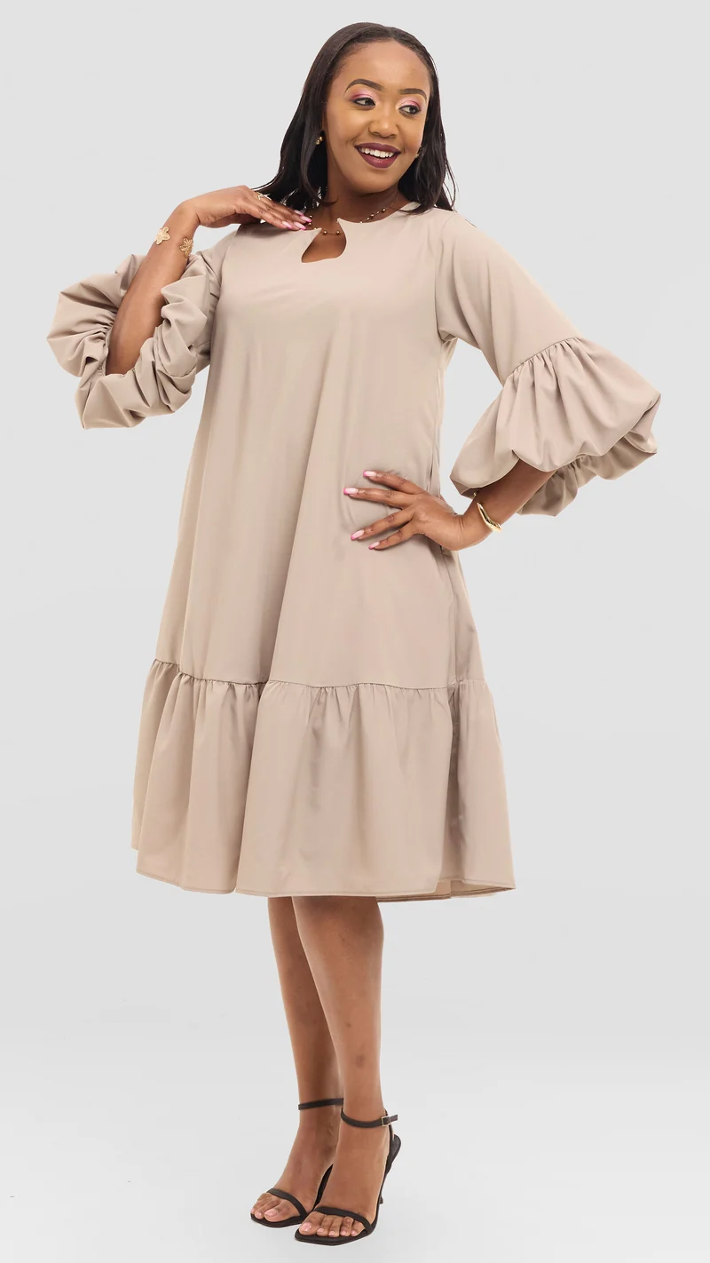 The Sandstone Keyhole Flounce Dress - Beige