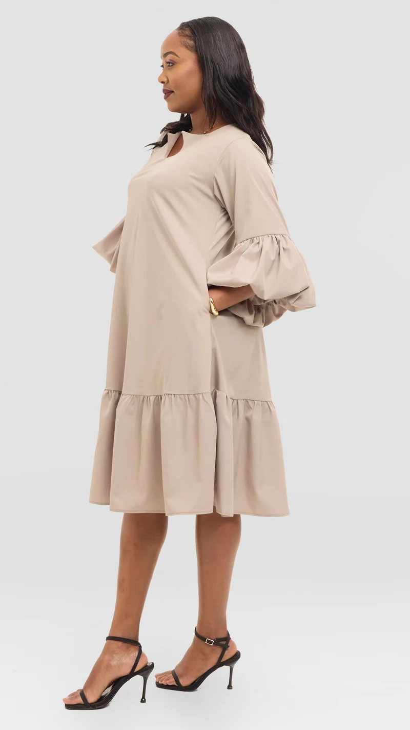 The Sandstone Keyhole Flounce Dress - Beige