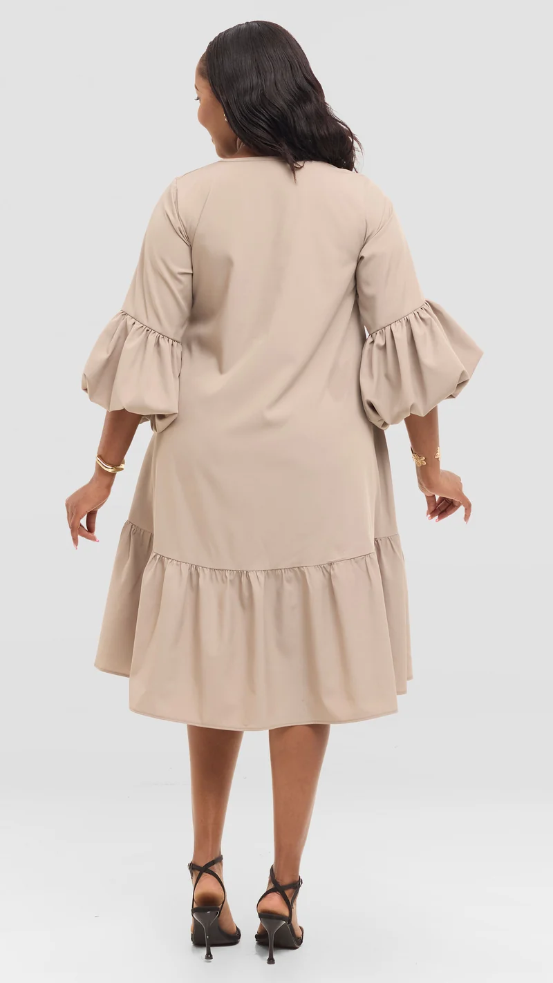The Sandstone Keyhole Flounce Dress - Beige