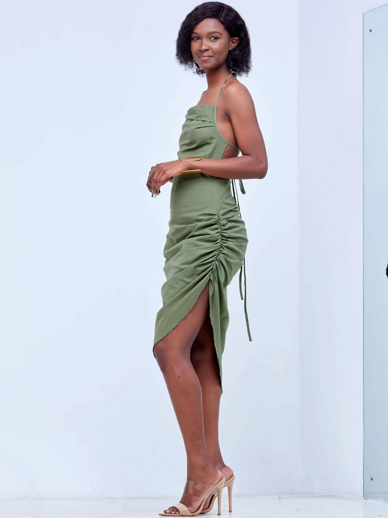 Wsc Pambo Signature The Brand Tied Backless Ruched Dress - Green