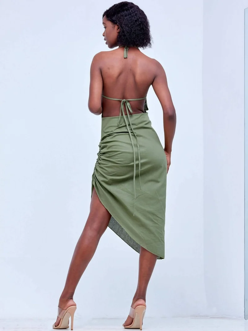 Wsc Pambo Signature The Brand Tied Backless Ruched Dress - Green