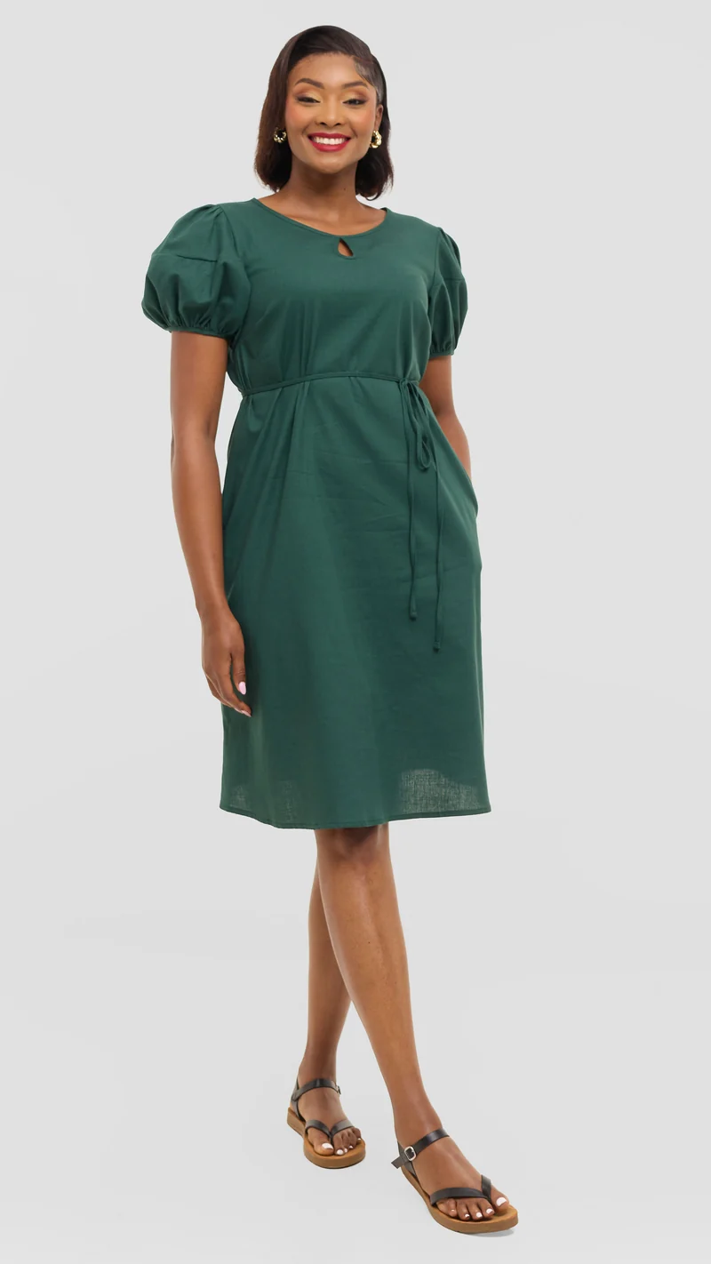 Safari by Vivo Bubble Sleeve Tent Dress in Linen - Dark Green