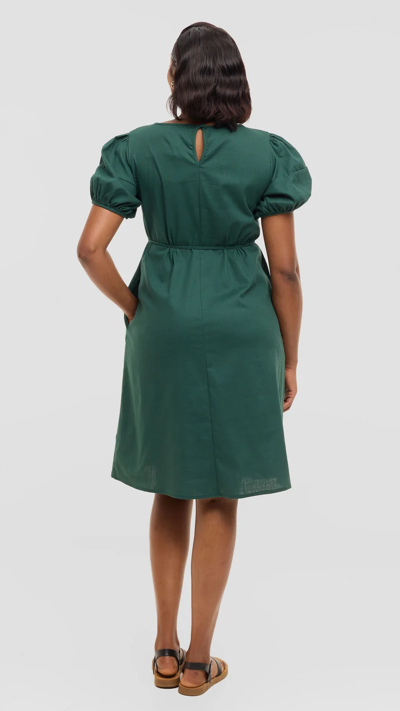 Safari by Vivo Bubble Sleeve Tent Dress in Linen - Dark Green