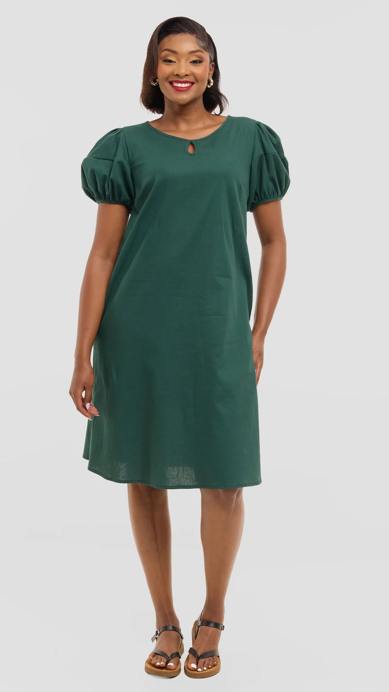 Safari by Vivo Bubble Sleeve Tent Dress in Linen - Dark Green