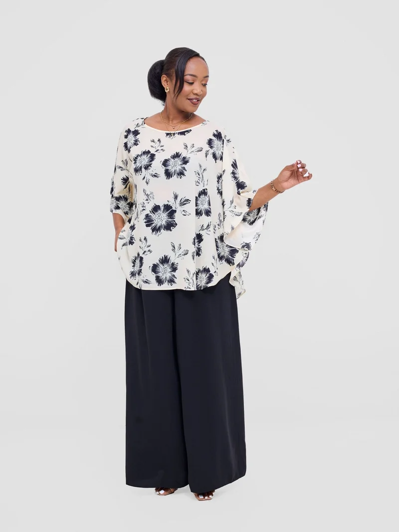 Vivo Sakari Circular Loose Top - Off-white / Black Crepe Print