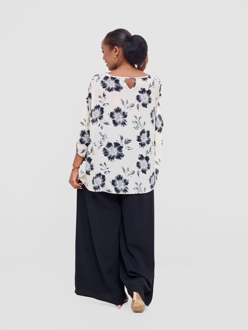 Vivo Sakari Circular Loose Top - Off-white / Black Crepe Print