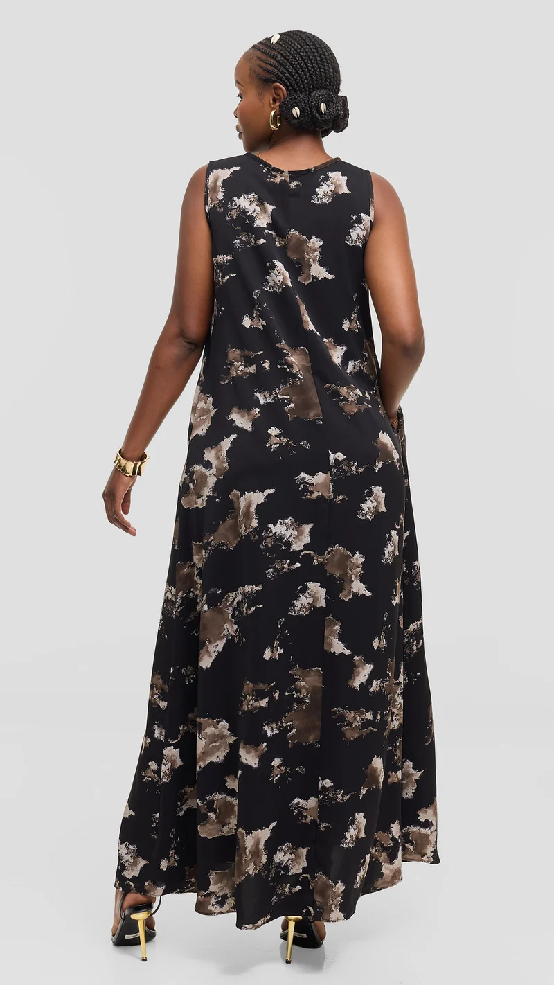 Vivo Basic Sleeveless Tent Maxi Dress in Crepe - Black / Taupe Abstract