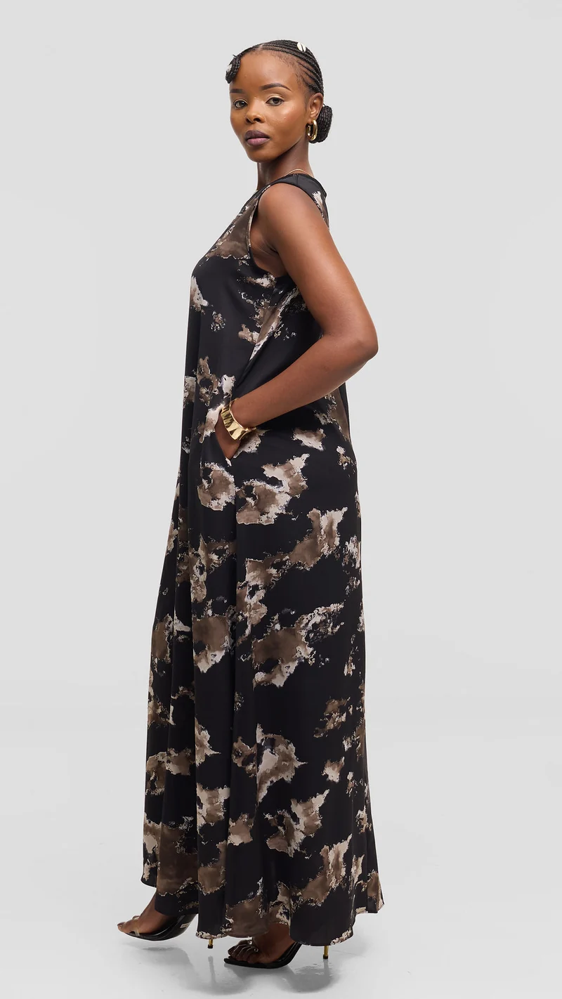 Vivo Basic Sleeveless Tent Maxi Dress in Crepe - Black / Taupe Abstract
