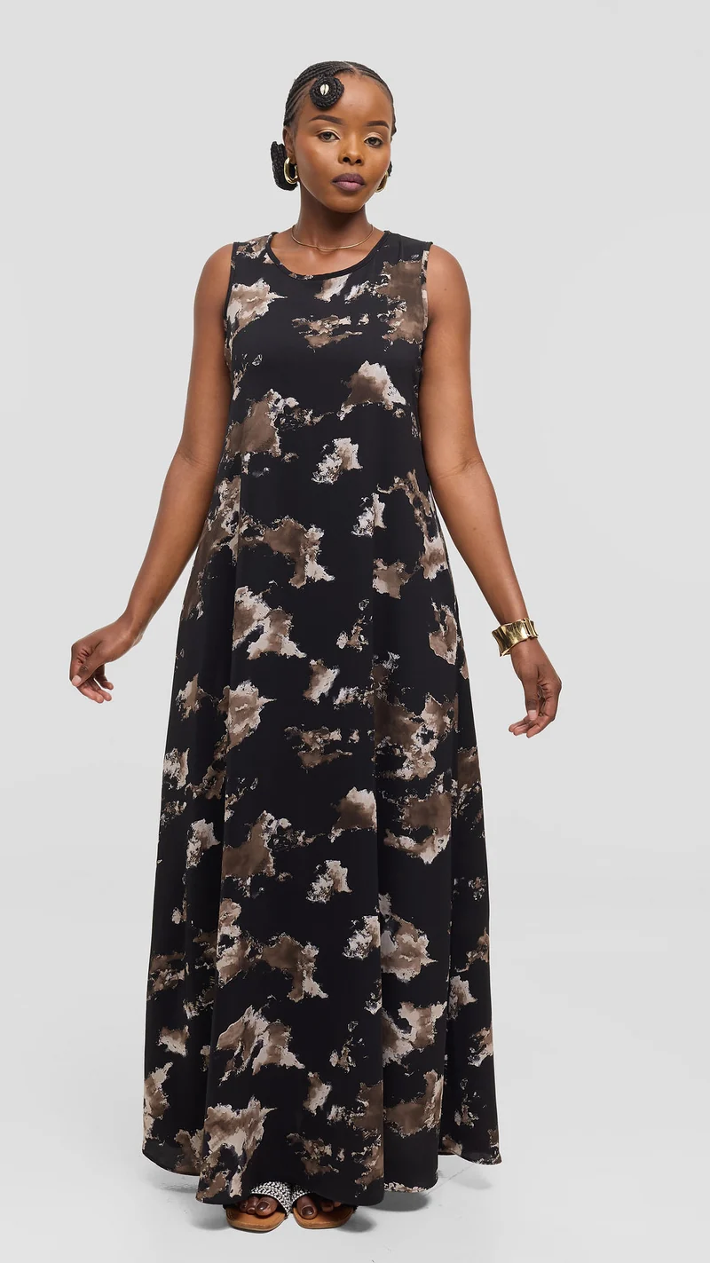 Vivo Basic Sleeveless Tent Maxi Dress in Crepe - Black / Taupe Abstract