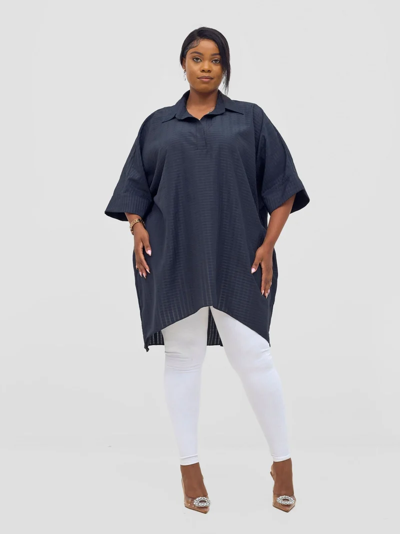 Vivo Mistari 3/4 Sleeve V - Neck Collared Tunic Top - Black stripes