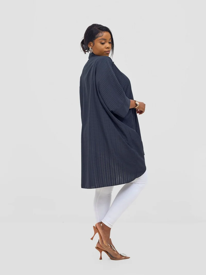 Vivo Mistari 3/4 Sleeve V - Neck Collared Tunic Top - Black stripes