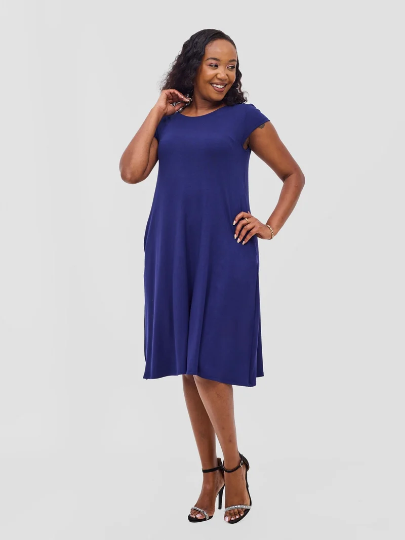 Vivo Leila Cap Sleeve Tent Knee Length Dress - Navy Blue