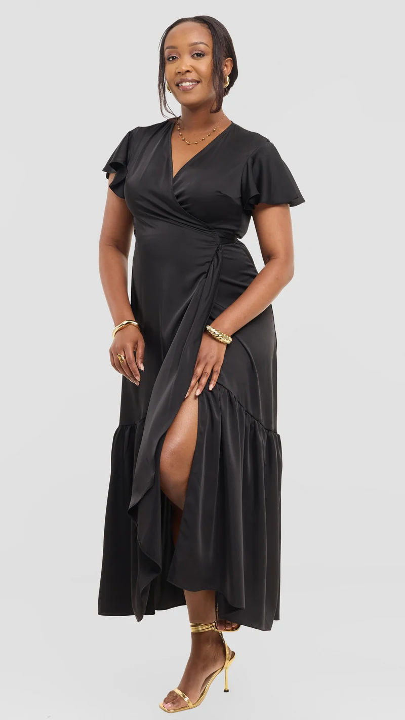 Vivo Hanabi Wrap Maxi Dress in Satin - Black