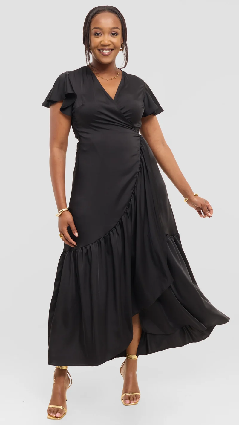 Vivo Hanabi Wrap Maxi Dress in Satin - Black