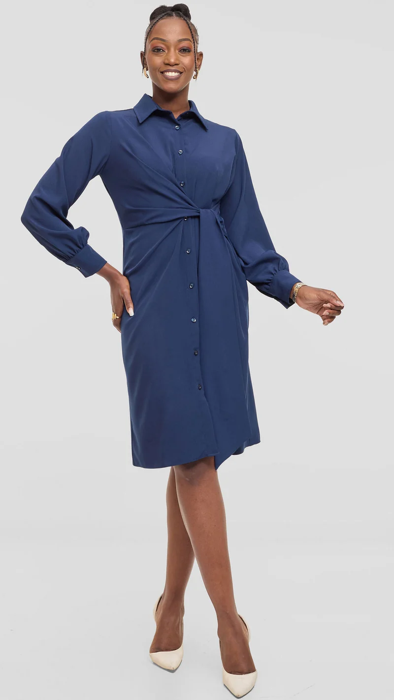 Vivo Long Sleeve Tie Dress in Crepe - Navy