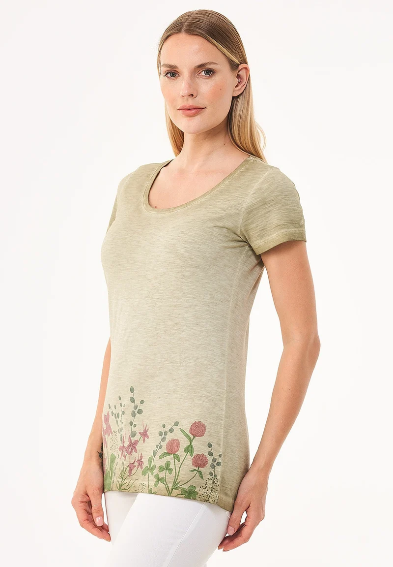 Garment Dyed T-Shirt aus Bio-Baumwolle mit Blume-Print