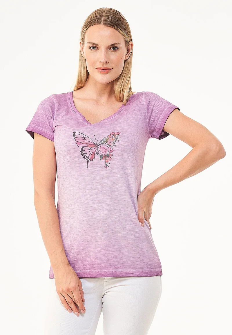 Garment Dyed T-Shirt aus Bio-Baumwolle mit Schmetterling-Print