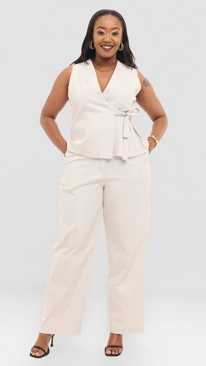 The Ivory Wrap Vest Trouser Set - Beige