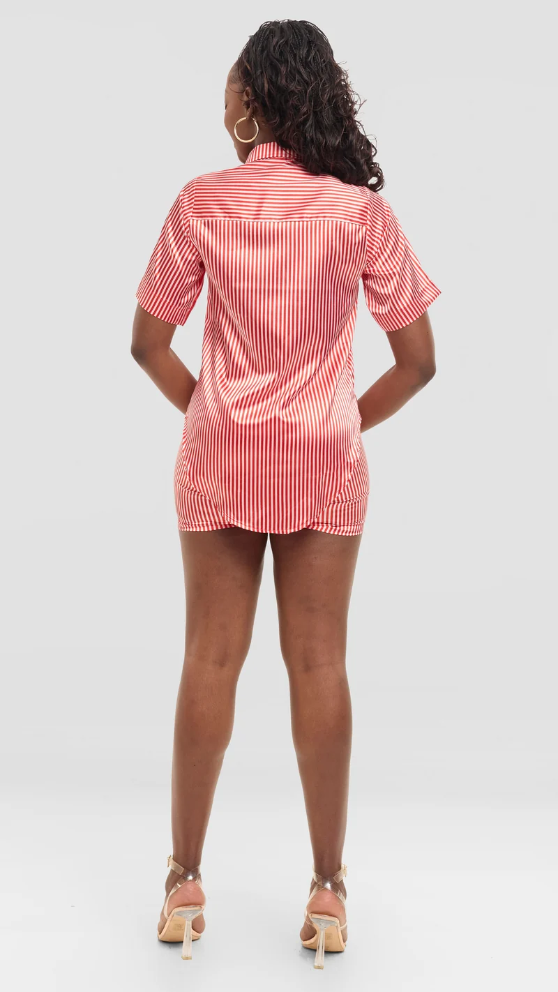 The Coral Stripe Satin Short Set - Red / White Pinstripe
