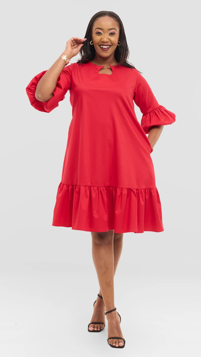 The Crimson Keyhole Flounce Dress - Red