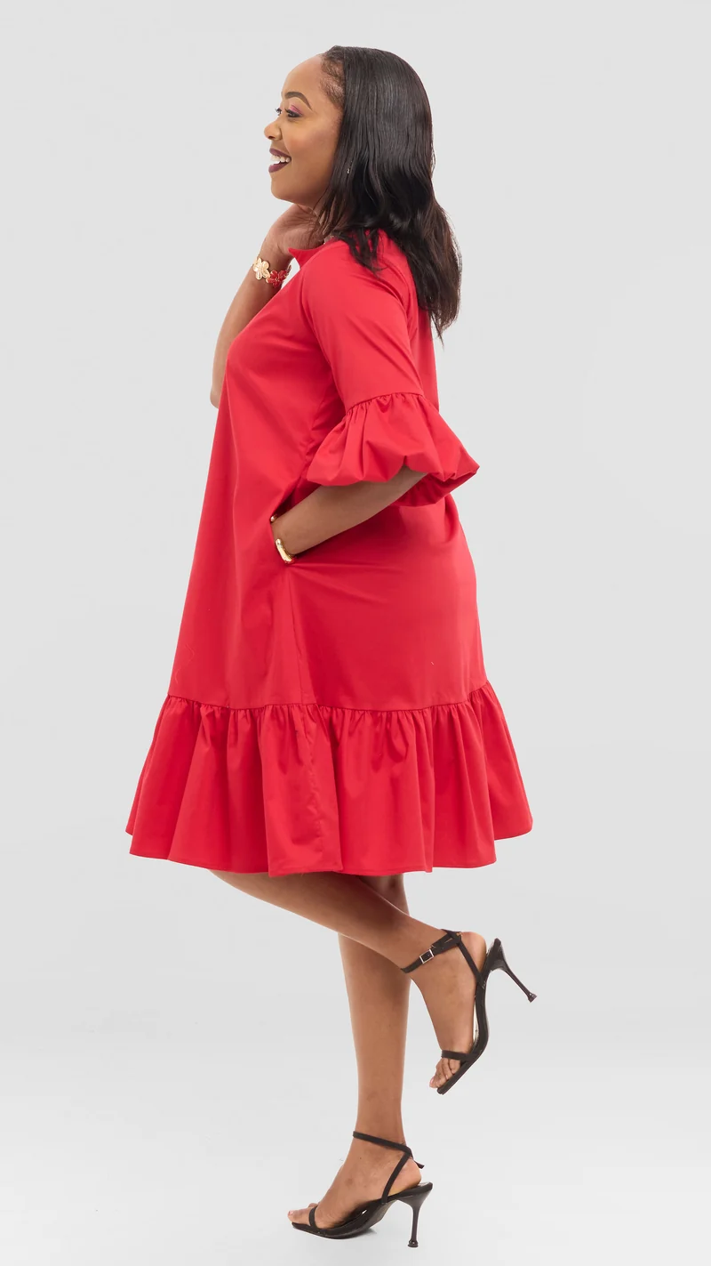 The Crimson Keyhole Flounce Dress - Red