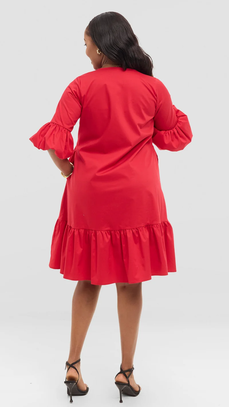 The Crimson Keyhole Flounce Dress - Red