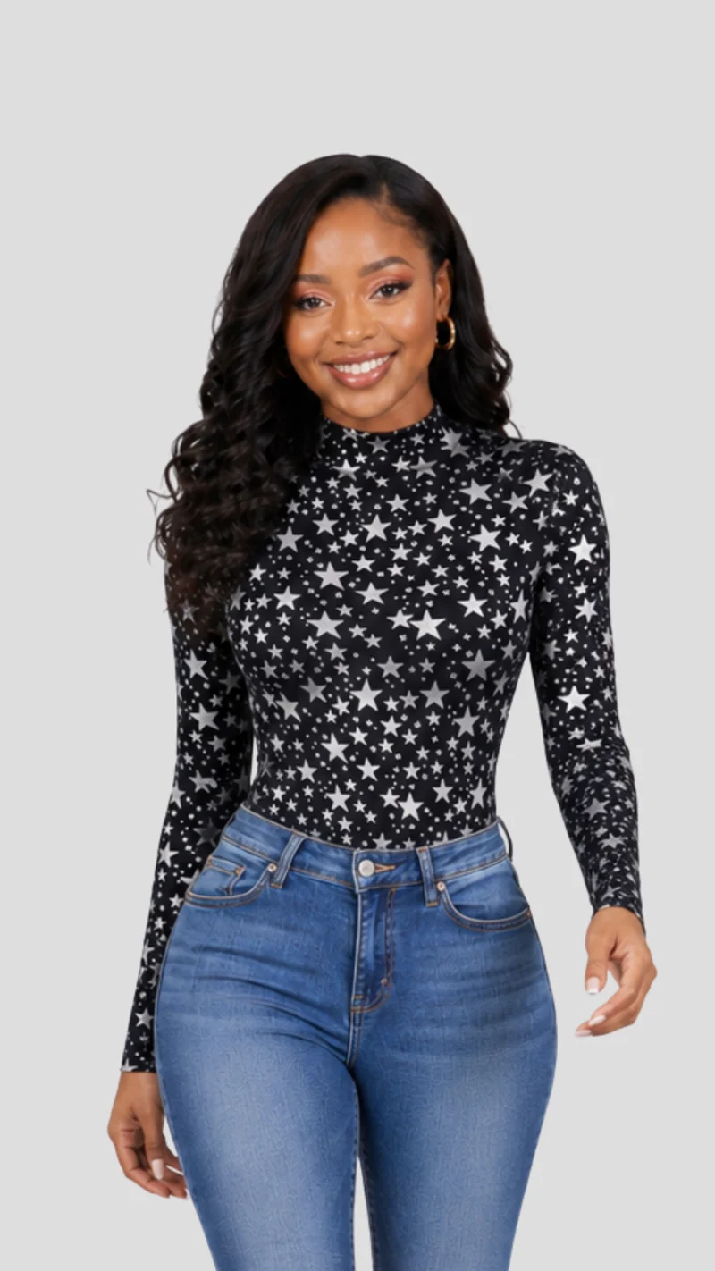 The Fashion Frenzy Savannah High-Neck Bodysuit – Black / White Star Print