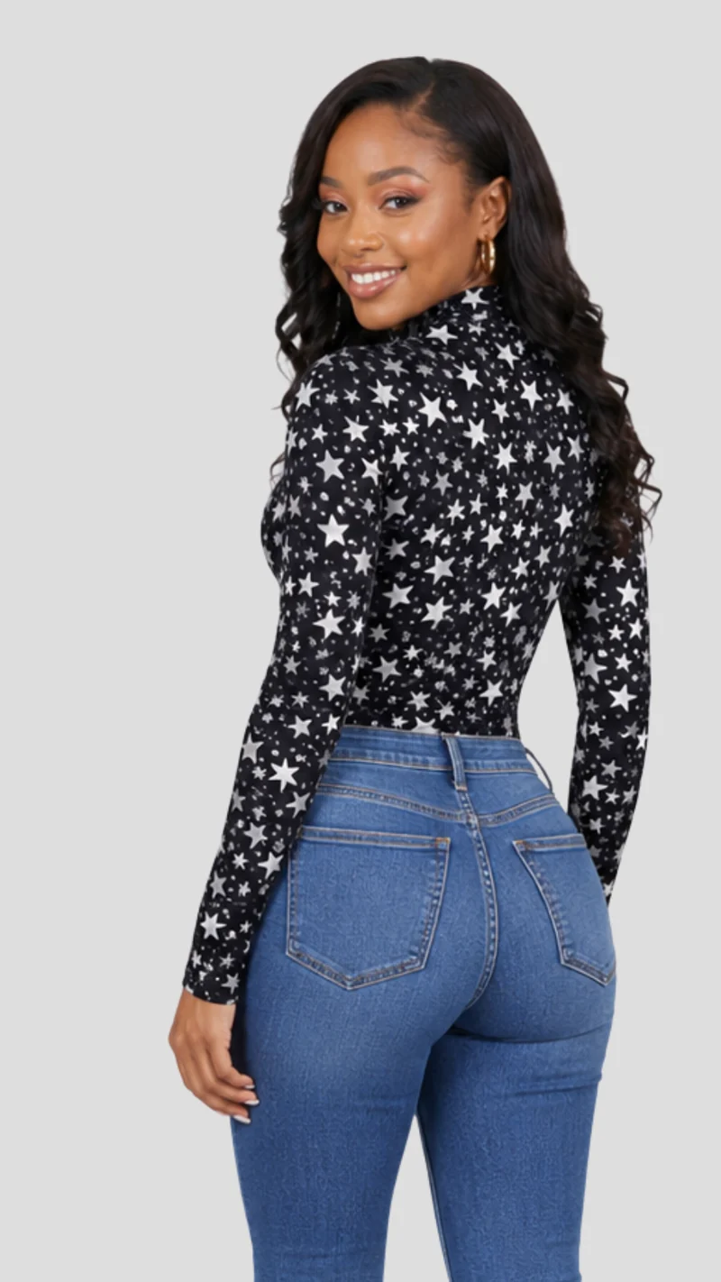The Fashion Frenzy Savannah High-Neck Bodysuit – Black / White Star Print
