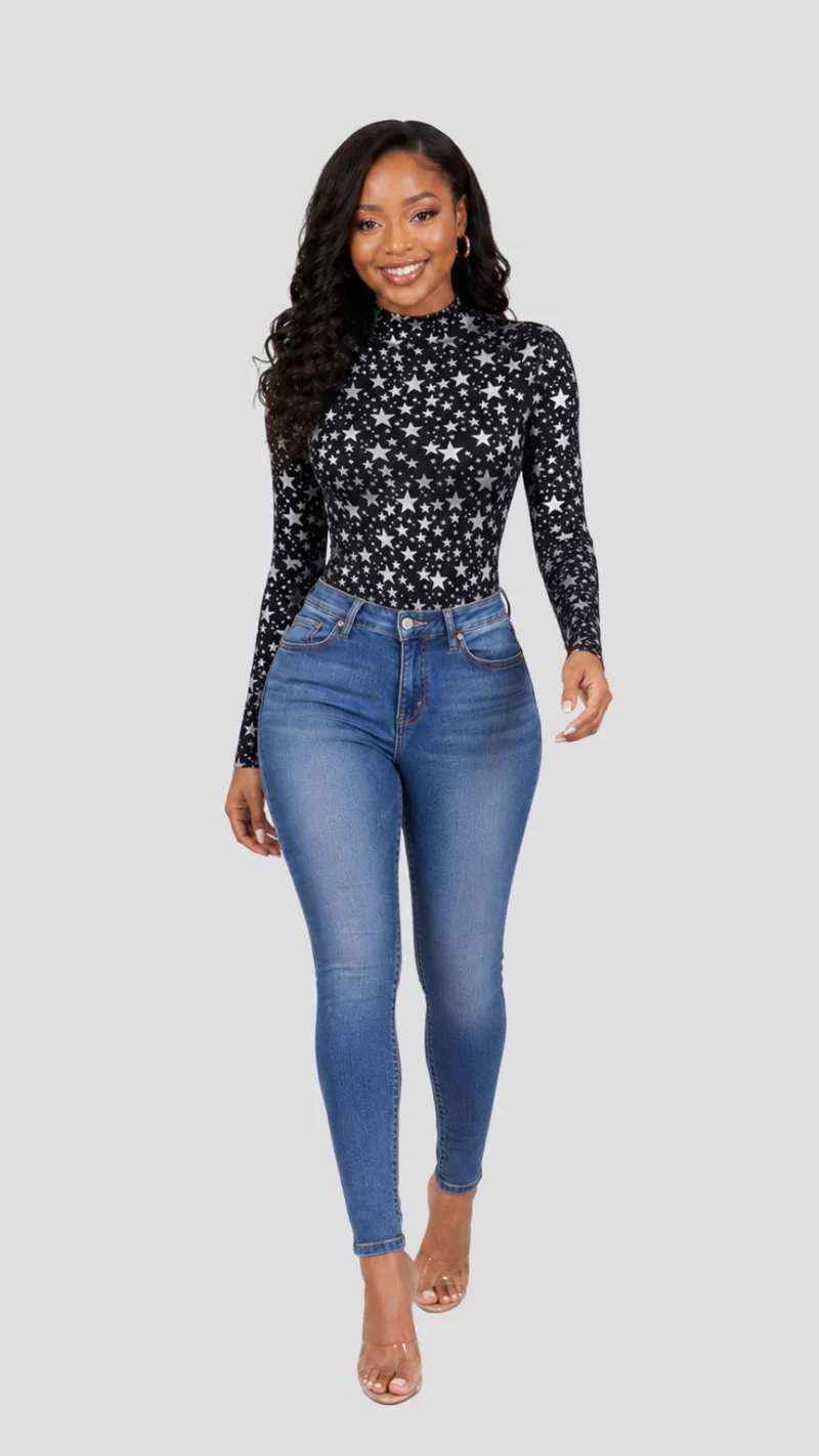 The Fashion Frenzy Savannah High-Neck Bodysuit – Black / White Star Print