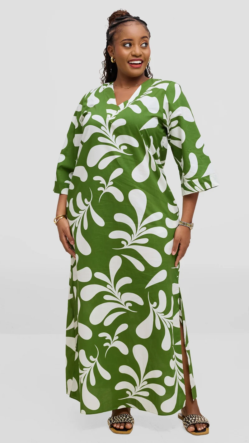 Vivo Lulu 3/4 Sleeve Maxi Dress in Cotton - Green / White Print